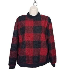 Beach Lunch Lounge M Boucle Tavia Red Black Plaid  Sweater Medium Cozy Comfort